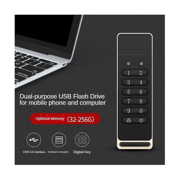 Sikkert USB-drev, 128gb krypteret USB-flashdrev Hardware Adgangskode Memory Stick med tastatur Usb 3. (Sort)