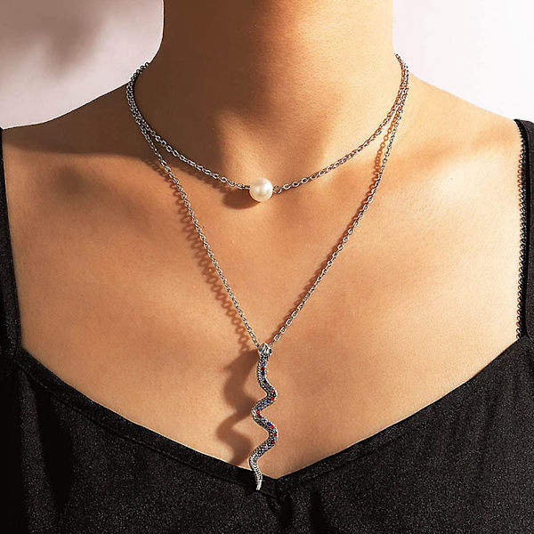 Punk Snake Lagdelt Halskjede Sølv Perle Choker Halskjeder Gillter Rhinestone Anheng Hals Smykker Gaver til Kvinner og Jenter