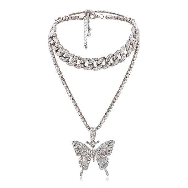 Big Butterfly Pendant Necklace Rhinestone Chain for Ladies Bling Layering Crystal Choker Statement Necklace Jewelry（white）