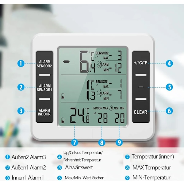 Kylskåpstermometer, Frysskåpstermometer, Digital med 2 sensorer, Termometer för frysskåp med temperaturlarm
