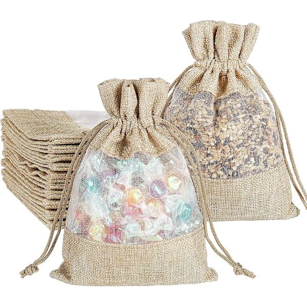 Små gaveposer, 12 stk. Hessian Organza poser med snøre til julefest fødselsdag søde smykker godbid lærredposer gaveposer (13x18cm)