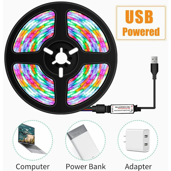 5m RGB LED-remsor med 24-tangenters fjärrkontroll 16 färger flexibla lysdioder TV-bakgrundsbelysning vattentät USB-driven för heminredning