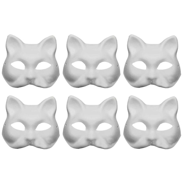 6 kpl Unfinished Cat Cosplay Mask Cartoon Paper Mask Adult Masquerade Party Favors (18X16X6CM, valkoinen)