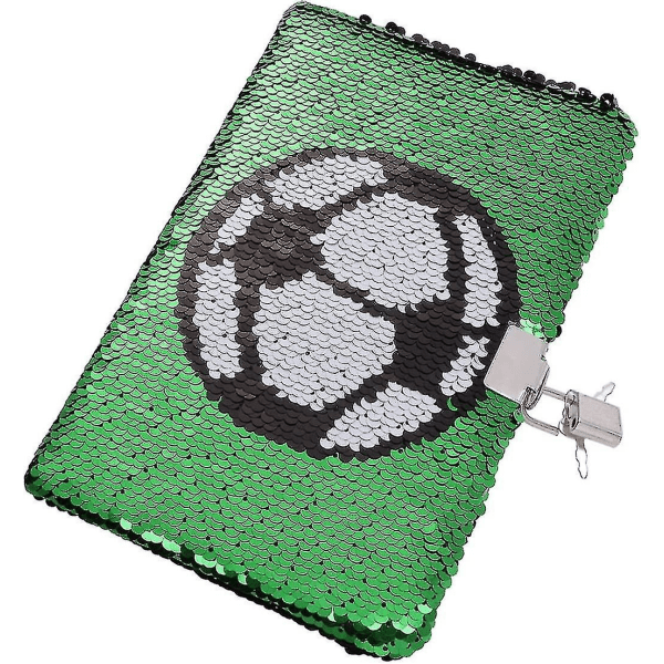 Fotballdagbok for gutter med lås og nøkkel, paljettdagbok Notatbok Barnedagbok Skolereise-notatbokgave (grønn) (1 stk)
