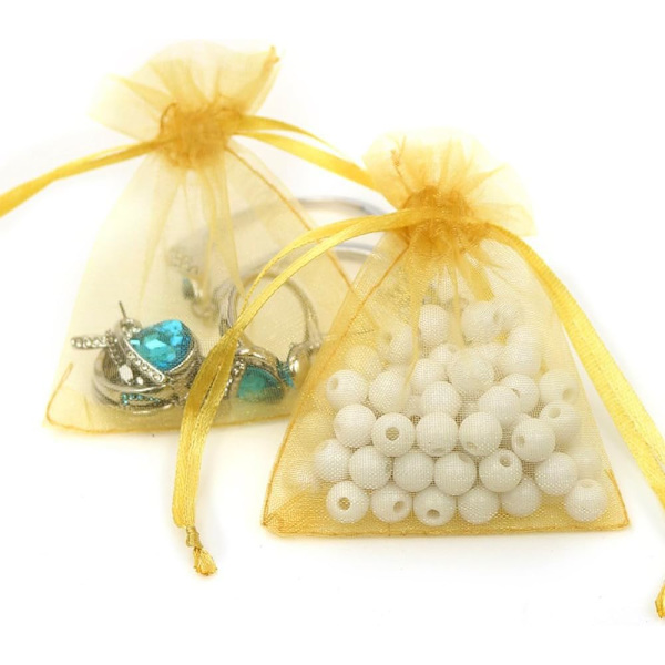 Dragkedja nät smyckespåsar, 100-pack, transparenta organza presentpåsar för bröllopsfest och julklappar, storlek 3\" x 4\" (guld)