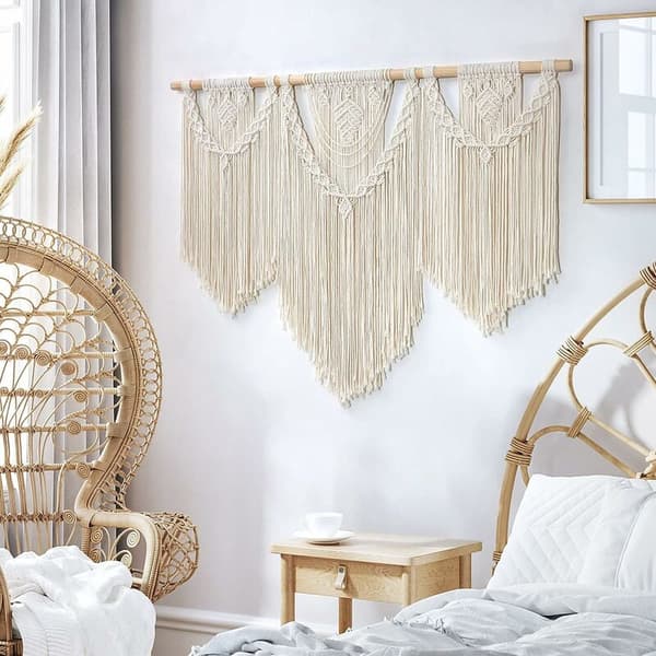 Macrame Väggbonad Stor Boho Chic Vävda Gobeläng Blad Tassel Konst Bomullsrep Bohemisk Macrame Väggdekor för Sovrum Vardagsrum Lägenhet Bakgrund
