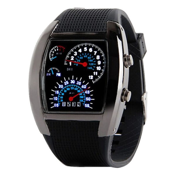 2023 Uusi päivitetty miesten LED- watch , jossa on viuhkamainen kellotaulu, säädettävä kirkkaus ja japanilainen kvartsiliike (musta kuori/musta hihna/valkoinen-sininen