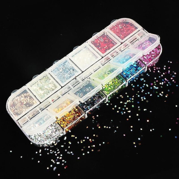 12TCHH Holographic Nail Art Glitter 3d Färg Full Flakes