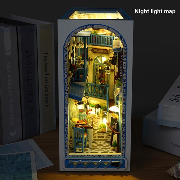 3D-träpussel bokhylla-insatsdekor med varmt ljus DIY Miniatyr Dollhouse Model Kit