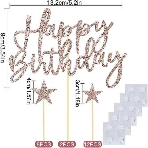 Gull bursdagskakepynt (rosa gull), 2 sett bursdagskakepynt for barn, jenter, gutter, kvinner og menn, Happy Birthday-stjerner cupcake-pynt til dekorasjon