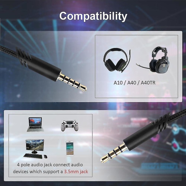 Ersättande A10-sladd kompatibel med Astro A10-headset, Qjyth A10 Inline-volymljudkabel för Astro A10/a40/a40tr Gaming Headset, Passar för Ps5, Ps4,