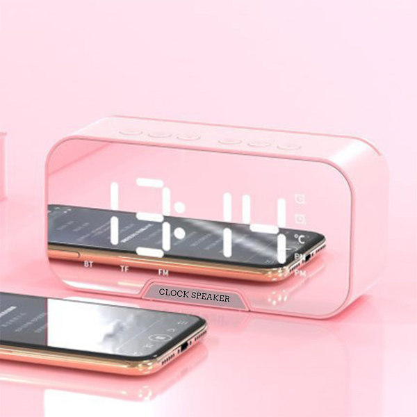 Digital klocka med Bluetooth-högtalare, väckarklocka med dubbla alarm, spegel LED-display, Bluetooth V5.0, TF-kort och AUX-kabel (rosa)