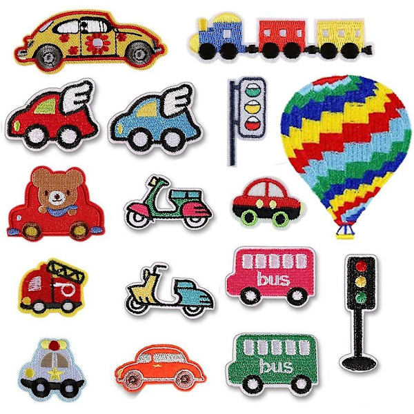 Broderte DIY-tilbehør til biljernlapper (16-delt sett), diverse trafikkdekorasjonslapper, søte klistremerkelapper for jakker, hatter, ryggsekker