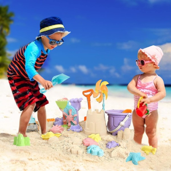 Strandsandleker for barn - 31 stk. sandkasselekesett for barn 3-10, sandslottleker med vannhjul, bøtte, spadeverktøysett, vindmølle