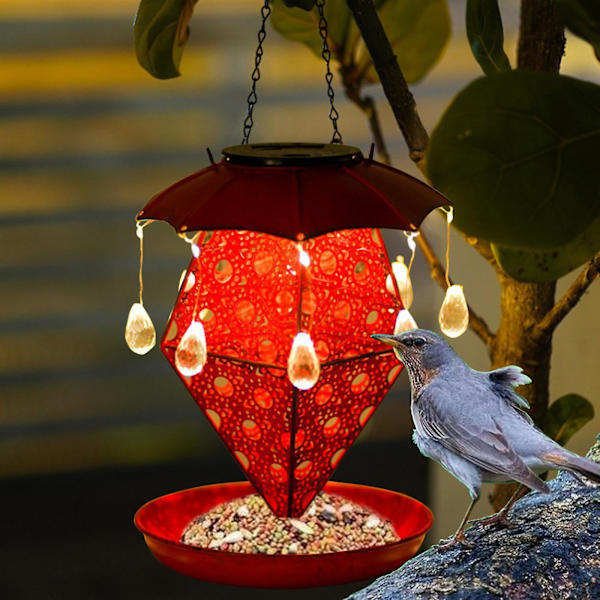 Järnsolcellsmatare för fåglar, marklampa, paraply, dropp-dropp, trädgård, uteplats, utomhusdekorationer, gräsmatta (röd)