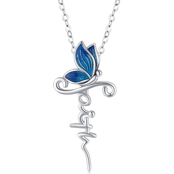 Butterfly Necklace Sterling Silver Faith Pendant Necklace Cross Jewelry Butterfly Gifts for Womens Girls Blue