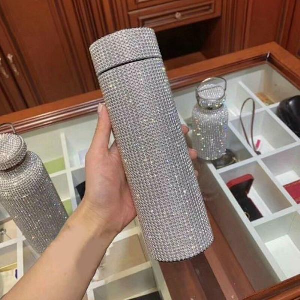 Kreativ diamant termosflaska smart display rostfritt stål vattenflaska 500ml