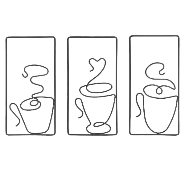 3-pack metallkaffekopp väggkonst väggdekoration för vardagsrum sovrum (24X13X1CM, svart)