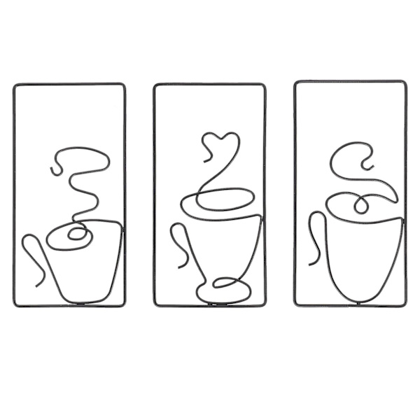 3-pak metal kaffekop vægkunst vægdekoration til stue soveværelse (24X13X1CM, sort)