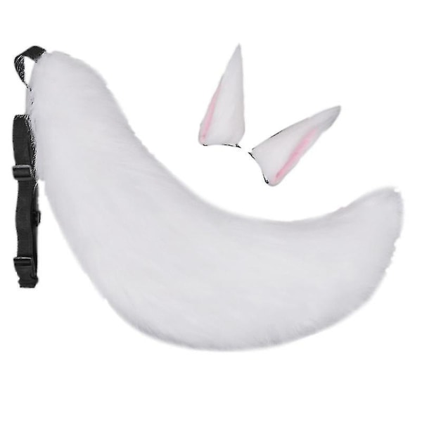 Pälshårklädsel Djur Varghuvud Öron Svans Set Cosplay Kostym Hårtillbehör(vit)