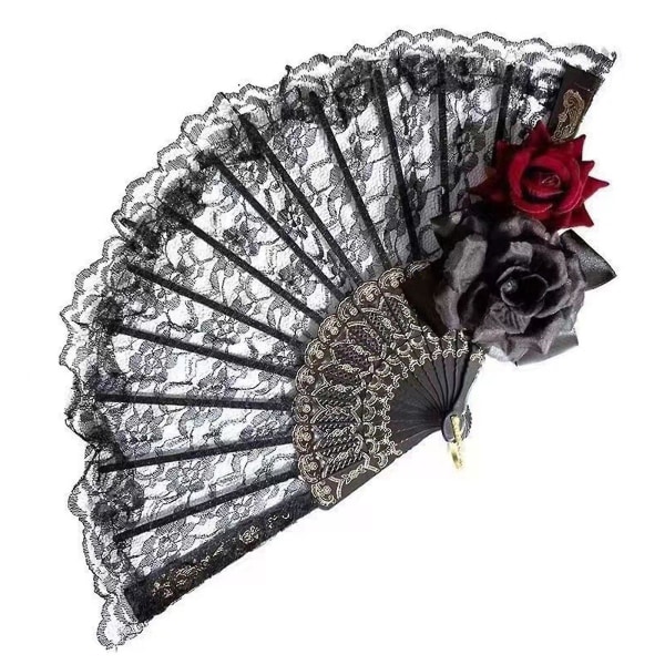 Halloween Black Hand Fan Lace Rose Håndholdt, Vintage Retro Flower Spanish Large Folding Fan