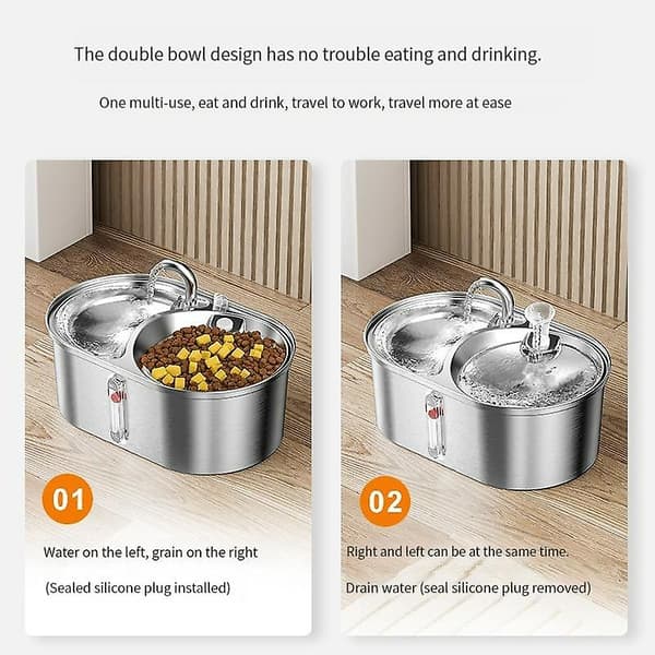 3 liters kattvattenfontän drickskål automatisk husdjursmatare katt torrfoderdispenser rostfritt stål