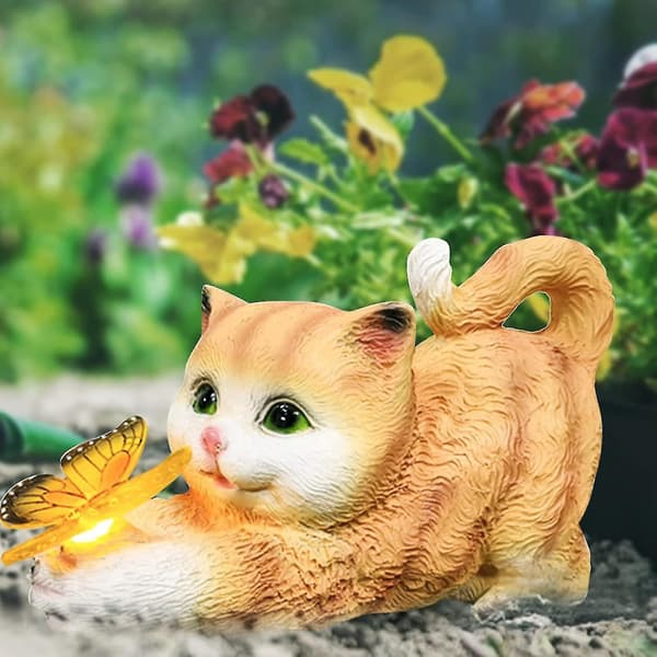 Solcellelys Utendørs Hagepynt Solcelle Katt Hagepynt Resin Katt Statue Led Lys Solcellelys For Hagedekorasjon Gul