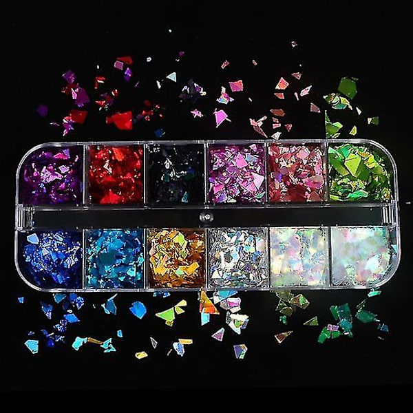 12LSSP Holografiskt nagelkonstglitter 3d färgglada flingor
