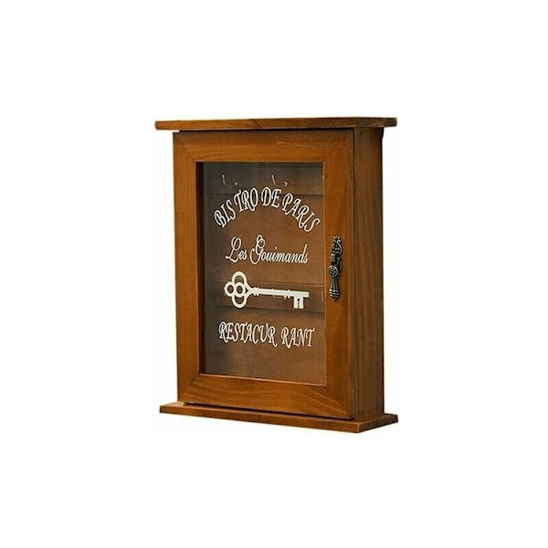 Tränyckelbox, retro väggmonterad nyckelskåp med magnetisk dörr, miljövänlig hållbar förvaring av massivt trä med 6 krokar, kreativ heminredningshållare