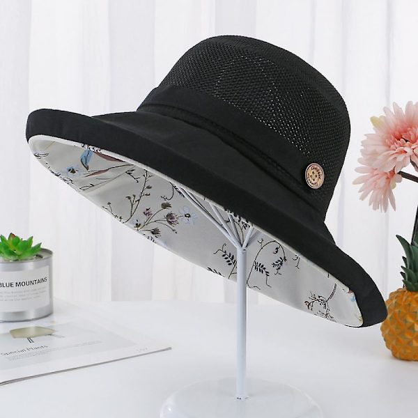 Hatt, Mors dag Dam bomull bred brätte solhatt tråd kant sommar UV-skydd Upf Boho hatt för strand vandring trädgård (Svart)