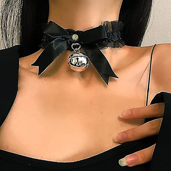 Svart spets choker halsband med klocka Lolita rosett halsband stretch gotisk Halloween kostym krage halsband för kvinnor och flickor