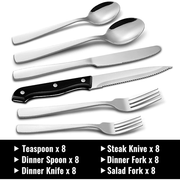 48-delars bestickset med steakknivar för 8 personer, bestickset i rostfritt stål för hem, kök, restaurang, hotell, kökssilset, spegelpolerad