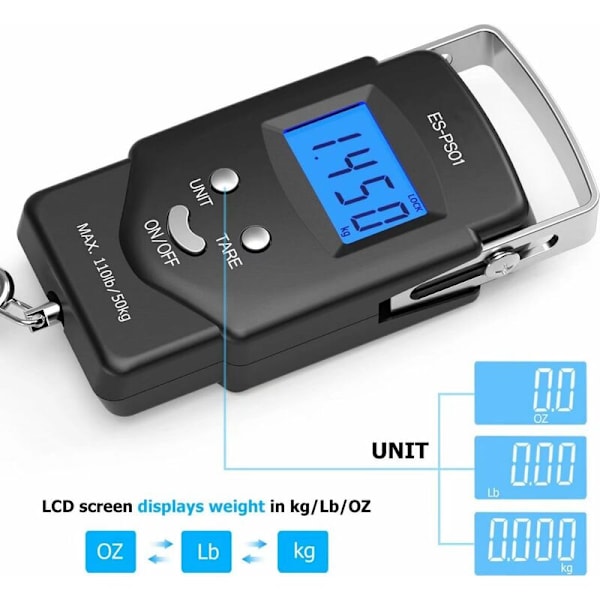 PS01 Bagagevåg 110lb/50kg Elektronisk balans Digital fiskepaket Postkrokvåg med måttband, 2 AAA-batterier ingår