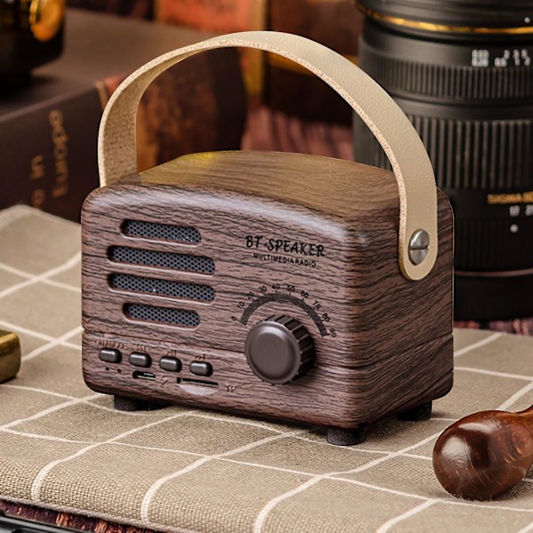 Bärbar retro Bluetooth-högtalare nostalgisk plugin trådlös ljud FM-radio uppgradering lång Bluetooth-högtalare med handtag（Brun）