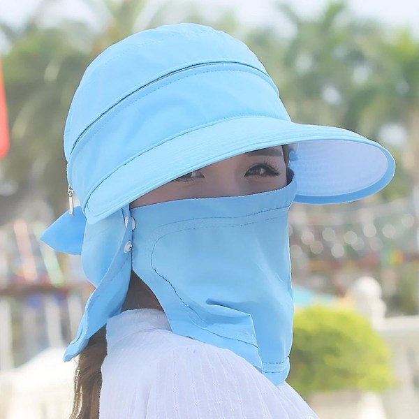 Sammenleggbar solhatt for kvinner Uv-beskyttelse Solhatt med bred skygge Ansiktshalsbeskyttelse Sommerhatt Dobbel bruk（himmelblå）