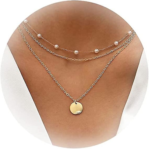 Flerskiktat halsband för kvinnor, skivberlockhalsband, flerskiktat pärlhalsband, mynthalsband, delikat flerskiktat chokerhalsband, smycken