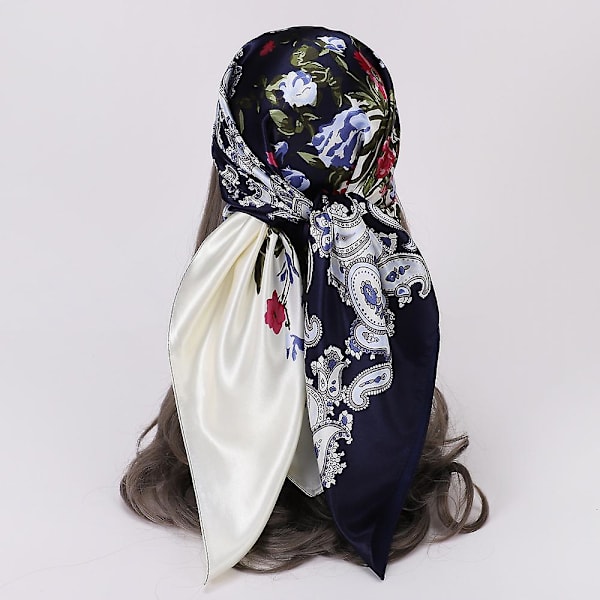 (rød+navy blå) Cashew Printing Farve Matching Stort Firkantet Tørklæde Kvinder Turban Stort Sjal Imitation Silke Tørklæde