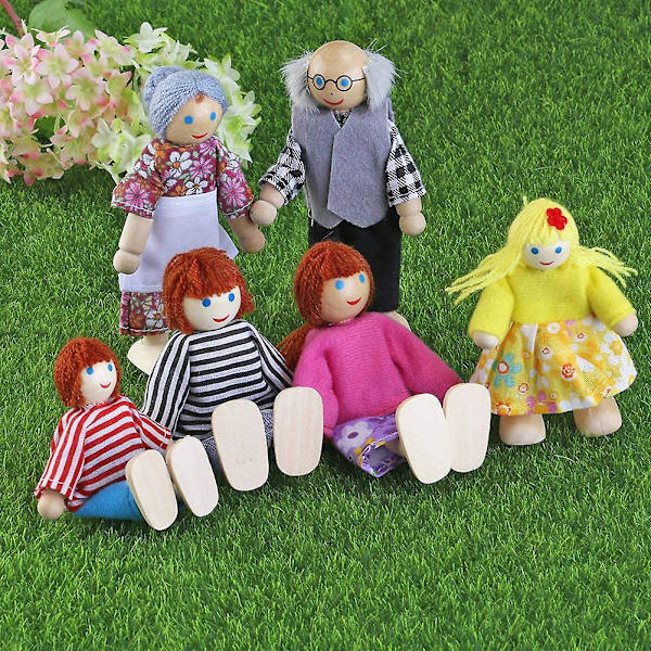 Trædukke Happy Family med beklædning, fleksible led, dukkelegetøj til børn, fødselsdagsgave (7 medlemmer)