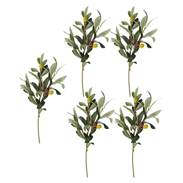 5-delt sett med falske olivenblader og fruktgrener, kunstig olivengren blomsteroppsats (36X15CM, grønn)