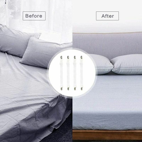 Set med 4 sängklädestillbehör justerbar lakansträckare elastisk remfäste, för lakan, soffa, strykbrädesöverdrag - 30cm till 120cm, vit