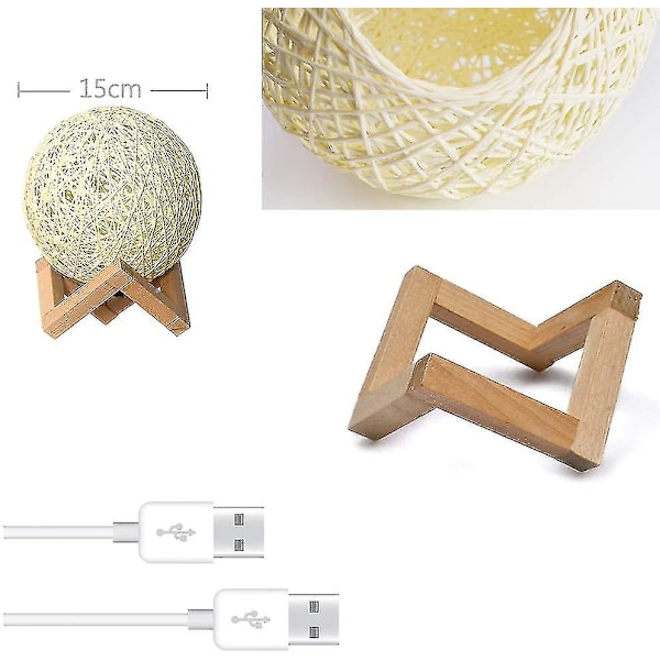 Led natlampe, sengelampe, rattan og træ soveværelse stemningslampe, USB genopladelig