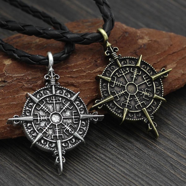 Viking Vegvisir Compass Rune Halskjede Anheng - Odin Symbol（Gammal bronse）