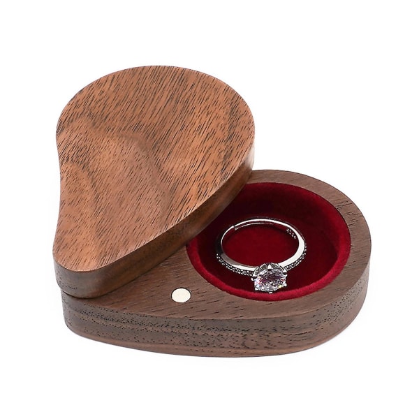 Ringboks af træ til frieri og bryllup, brun magnet lukket forlovelsesringholder (6,7 cm, rød)