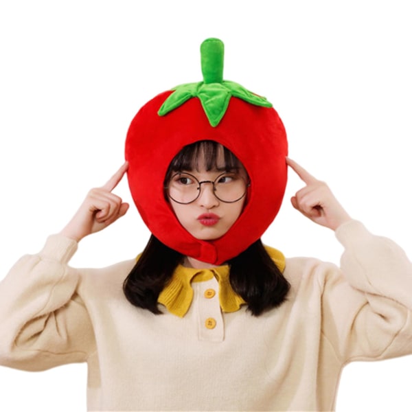 Tomato Headgear Soft Cute Cross-dressing Plush Caps Wearable Photography Props Headwear Cartoon Hat Halloween Cosplay Costume Accessories（Red）