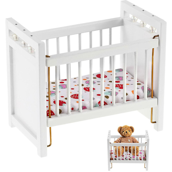 Mini spjälsäng mini hus möbler modell DIY scen docka hem möbler hantverk dekoration tillbehör leksak dekoration (11,2X8,2 cm, vit)