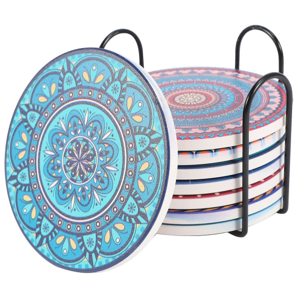 Coasters for drinker, sett med 8 absorberende stein border for trebord, Mandala keramiske border W（Som vist）
