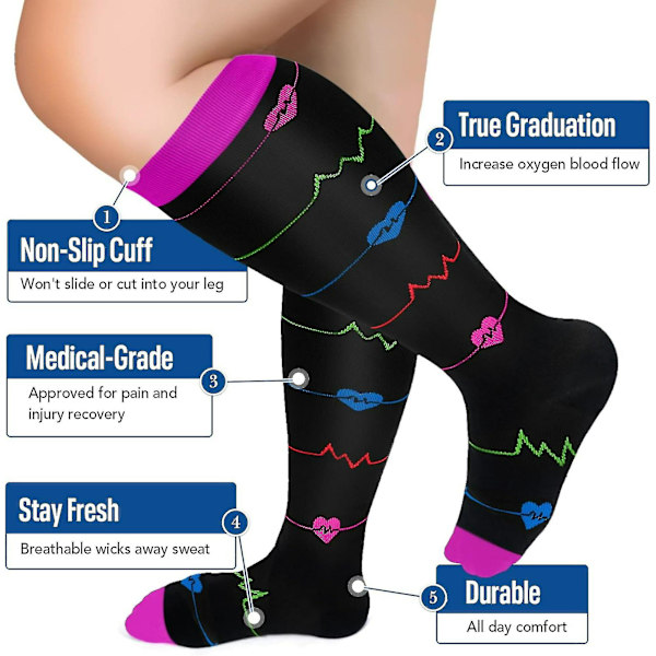 4 par kompresjonsstrømper i plussstørrelse for kvinner og menn med bred legg 20-30 mmhg ekstra store støtte-strømper for sykepleiere sirkulasjon_K19（2XL-4 par）