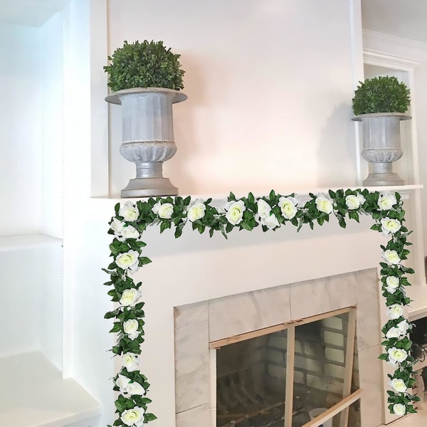 2 pakker med kunstige roseranker (2,2 m hvit), falsk blomsterkunst, utendørs innendørs hengende dekorasjon, hjemmekjøkken, hage, kontor, bryllup, hotell, fest