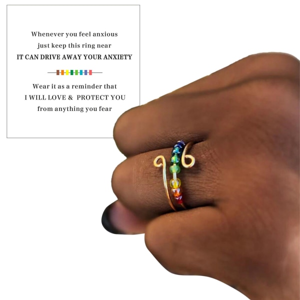 Regnbue Perler Fidget Ring - Anti-angst Meditationsring Med Roterbar Spole - Justerbar Hypoallergen Legering Ring Til Kvinder, Hurtig Forsendelse（Guld）