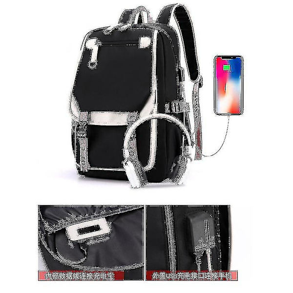 Musta Blackpink-reppu, kannettava tietokoneen laukku, koululaukku, kirjalaatikko, jossa kuulokeliitäntä, USB-lataus&